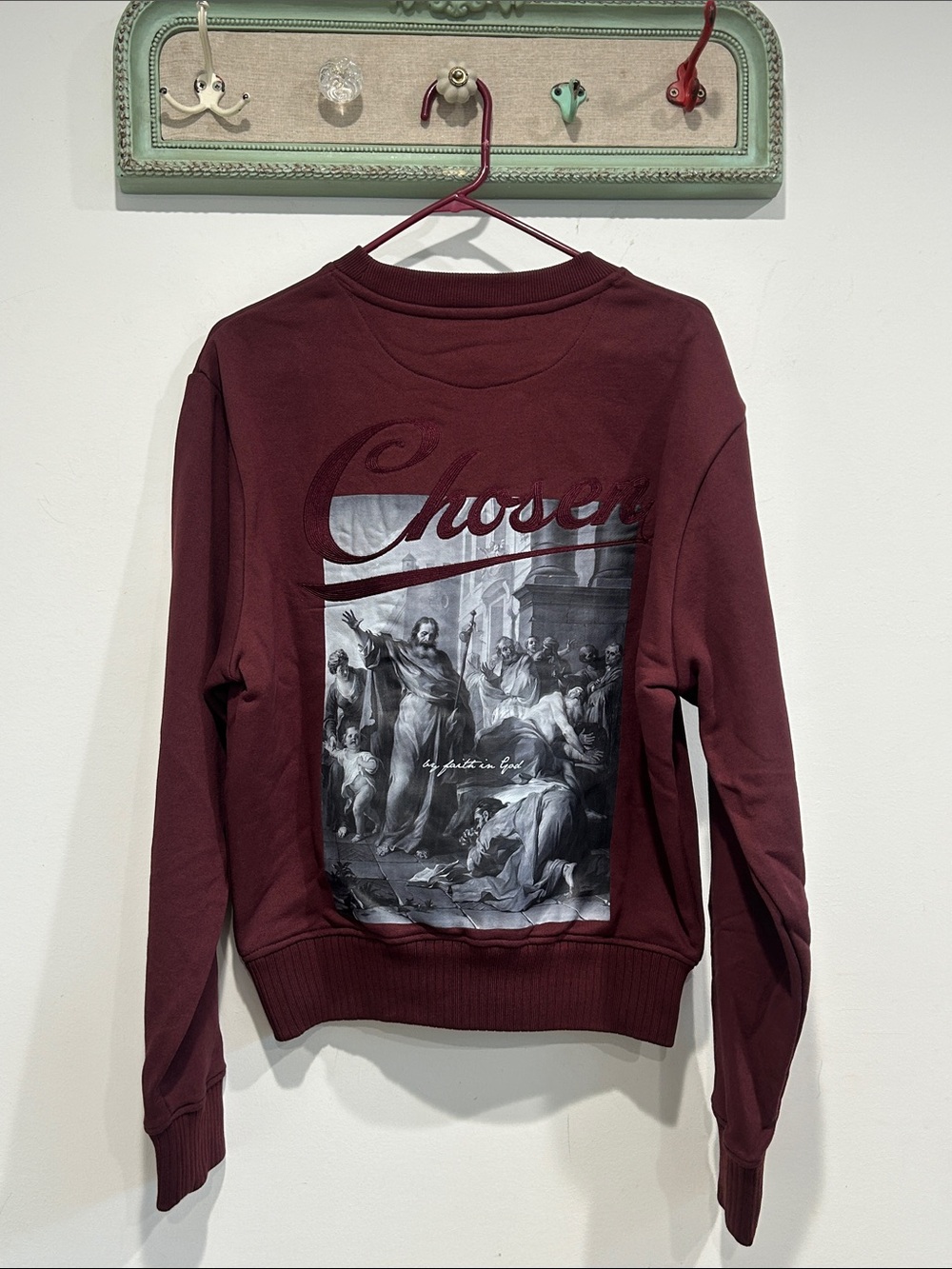 Chosen Miracles Graphic Crewneck Sweatshirt Burgundy Men’s new faith in God Smal